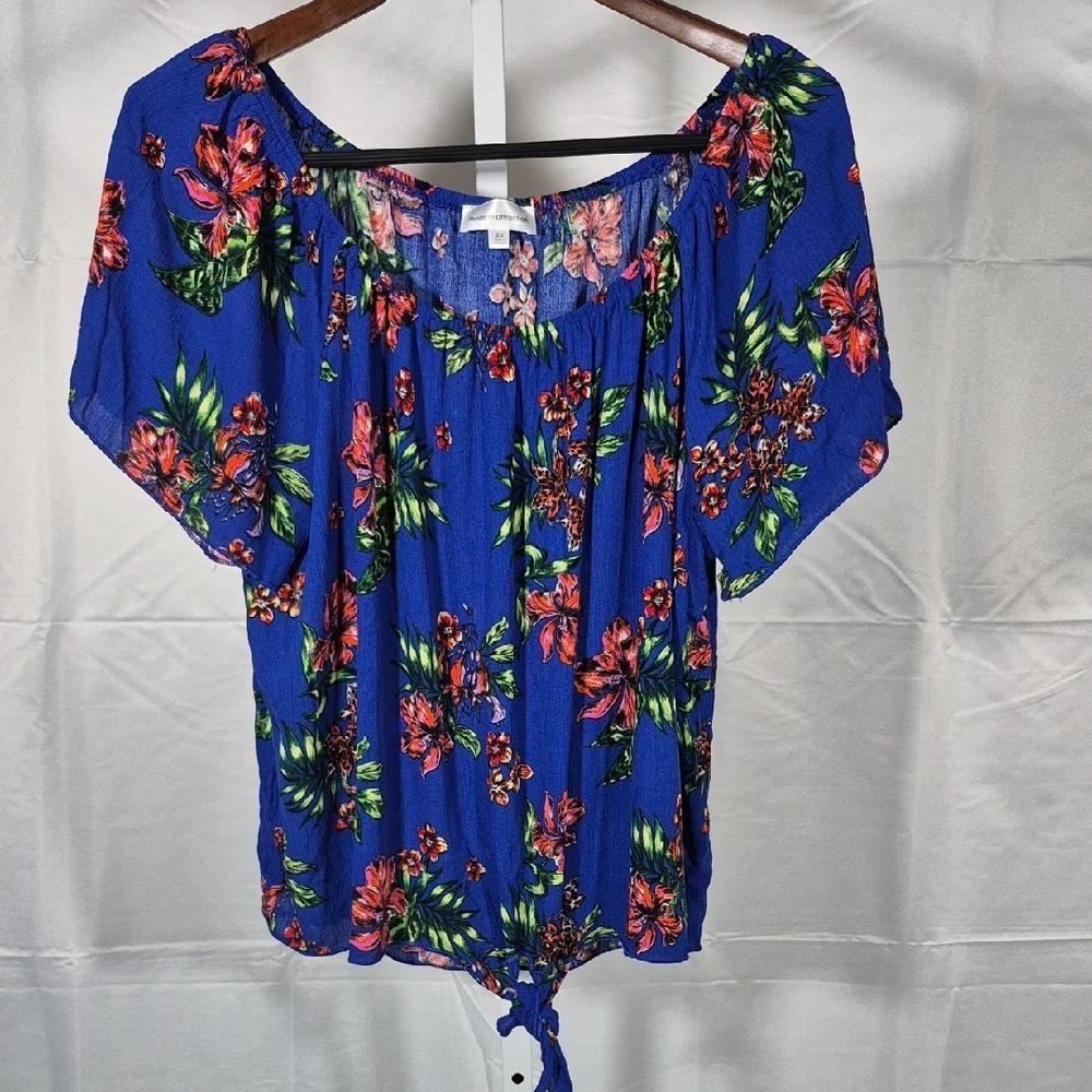 Bright Deep Blue Top With Short Sleeves/ Tie In Front (Bottom) Floral Print